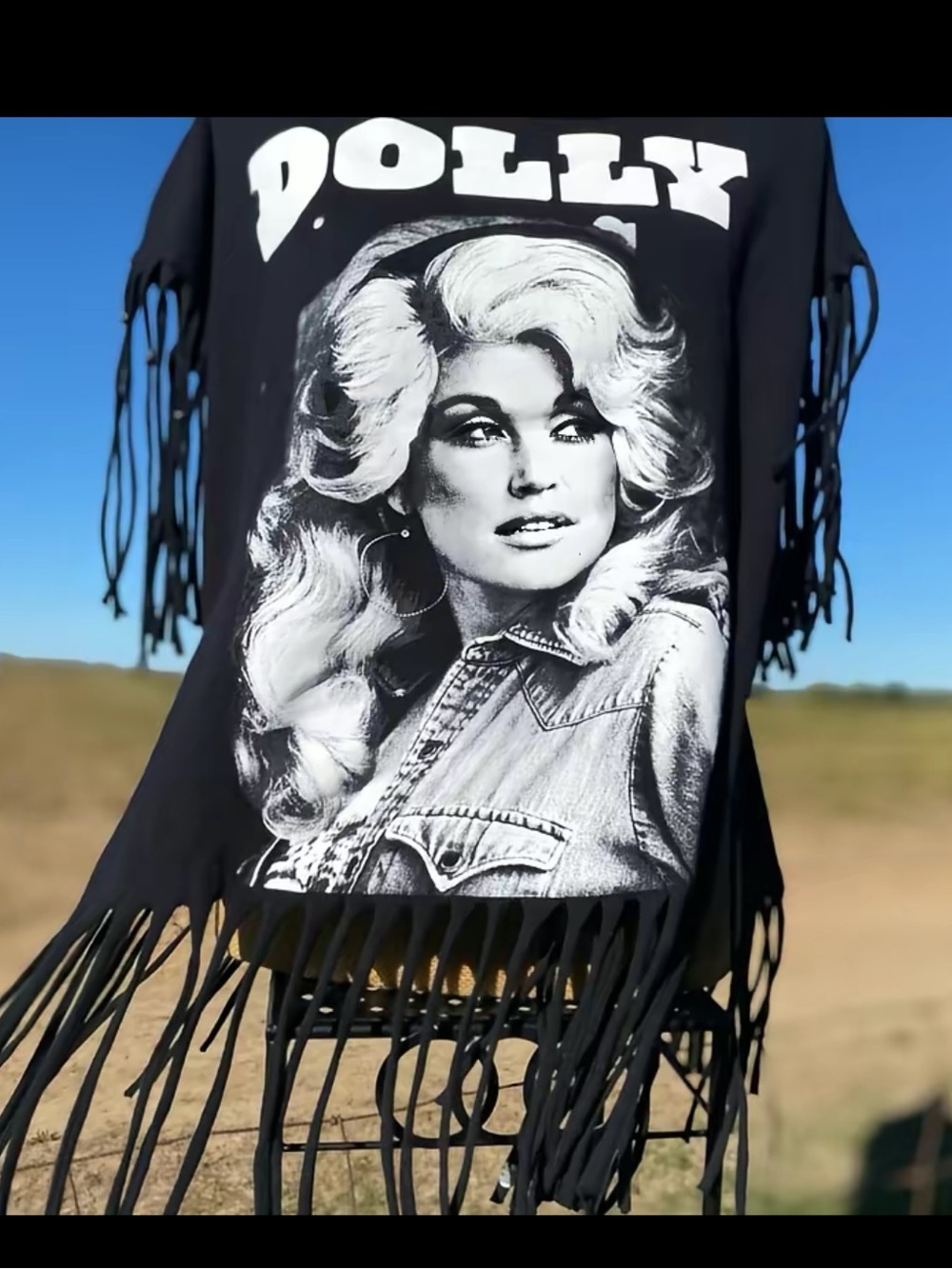 Custom Dolly Parton Vintage Style Fringe Graphic Tee Black rhinestone beads
